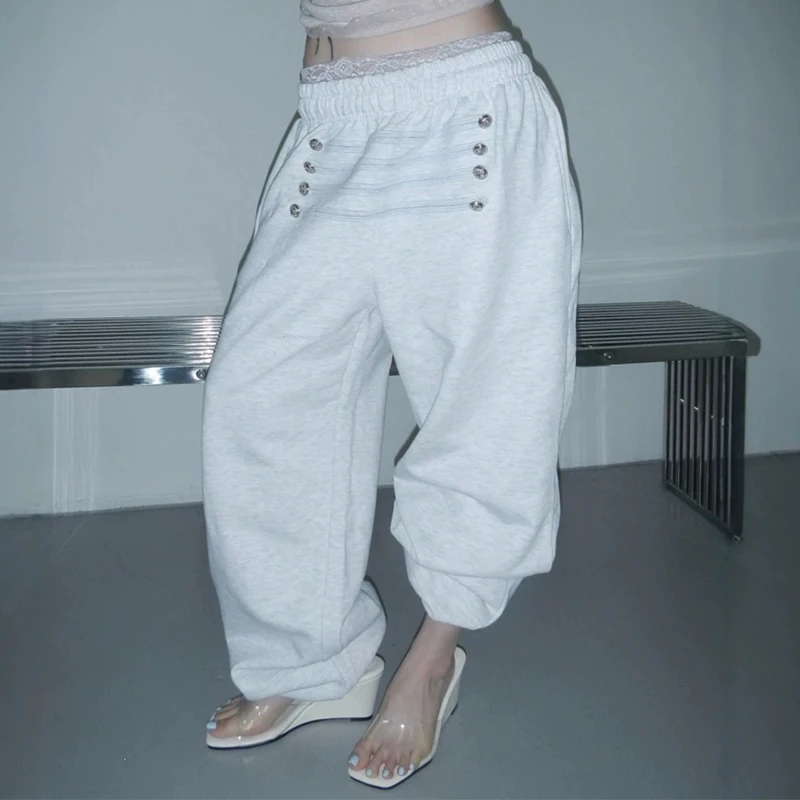 Women's Ancient Early Pants Rivet Design Wide Leg Sweatpants Drawstring Drape Loose Track Pants Women Y2k Style