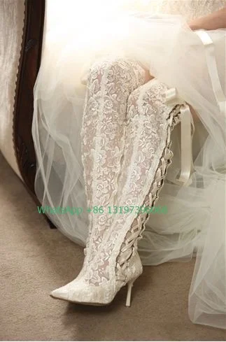 Lady wedding lace knee hollow boots white black rad lace-up elegant high heels sexy pointed toe low heel boots summer footwear