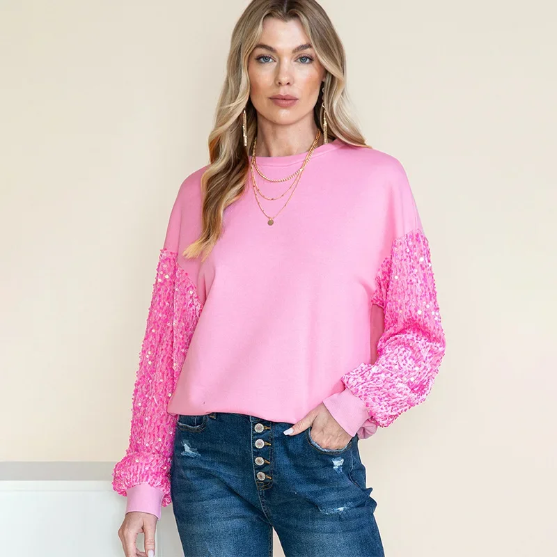 

2024 New Women's Sequin Patchwork Pullover Long Sleeved Simple Versatile Colorful Sweatshirts O Neck Casual Tops NASY0002