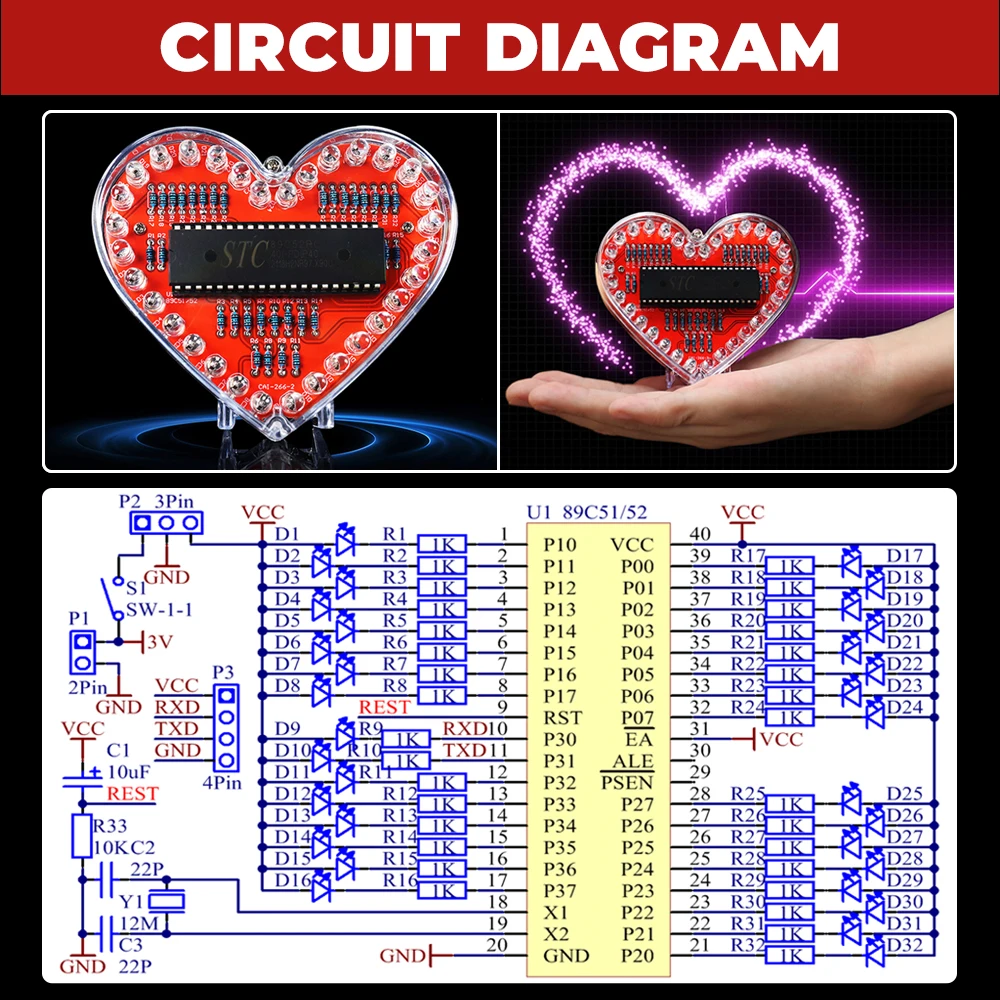 LED Heart-Shaped Flow Light DIY Electronic Kit with 32 Colorful LED Lights Battery Powered DIY Soldering Practice Kit