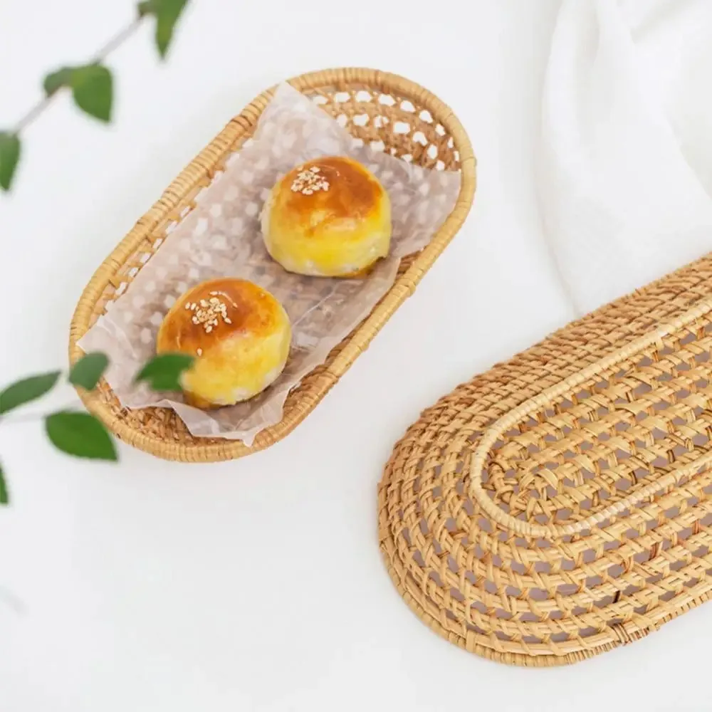 New Oval Rattan Woven Storage Basket Bread Fruit Food Storage Tray Knife and Fork Baskets Breakfast Display Box Home Decoration