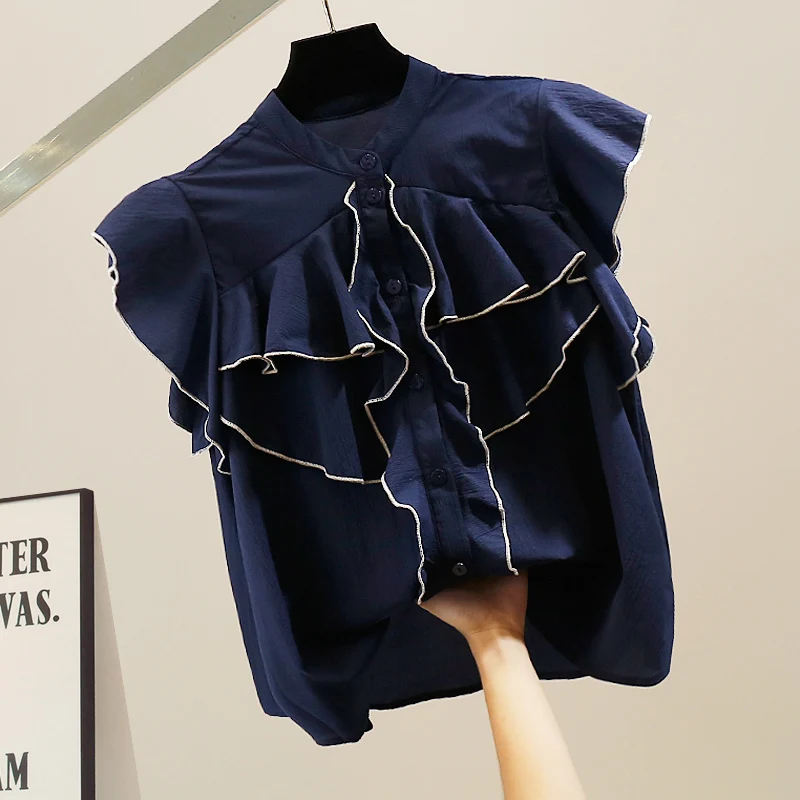 

Faionable Color Blo Ruffle Hem Loose ort Sve Casual irt Single Button Slimming Sli Agel Top Women's Clothing