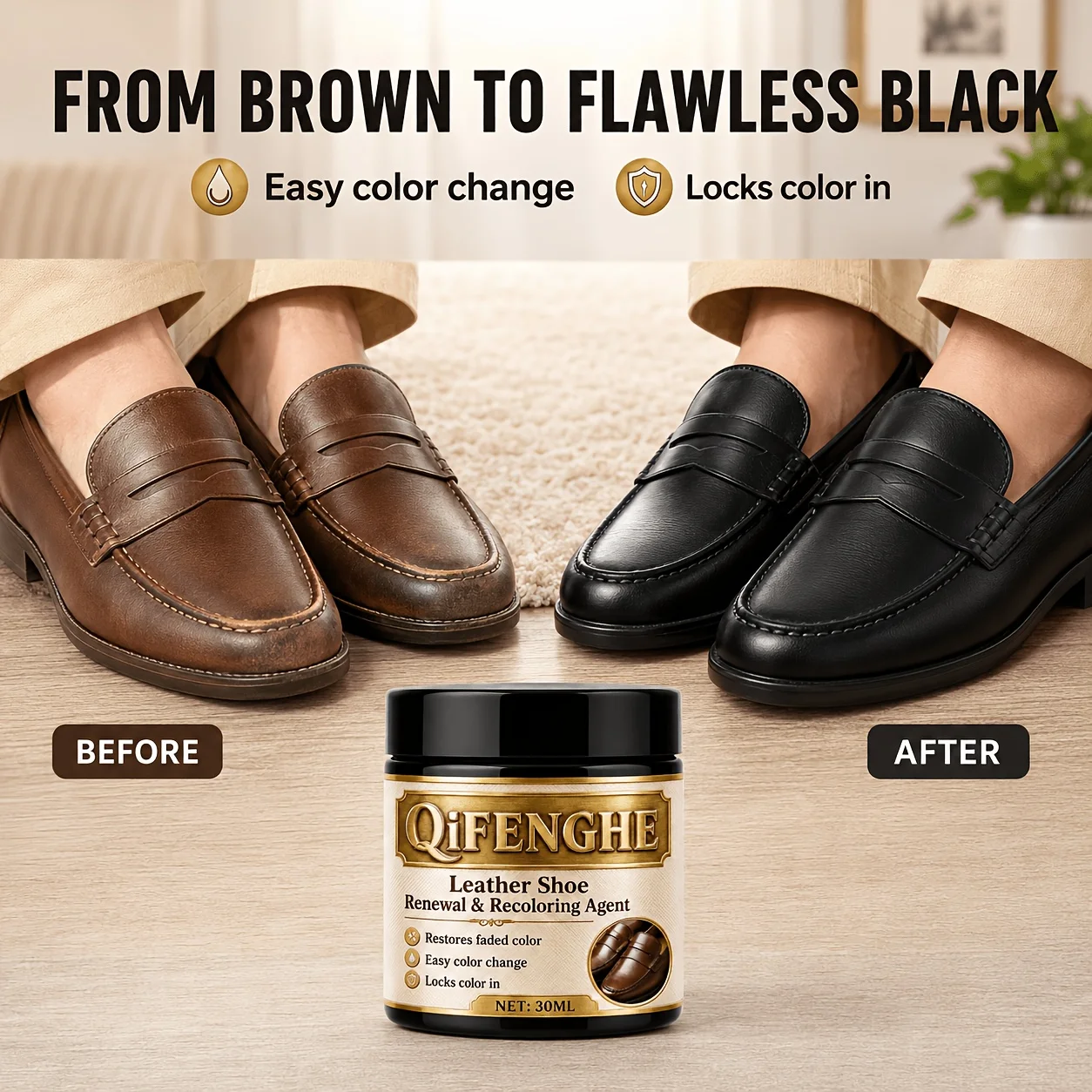Leather Shoe Renewal Recoloring Polish Dye Cream 1.01oz Portable Applicator Sponge Bottle Restores Faded Color Easy Color Change view 3