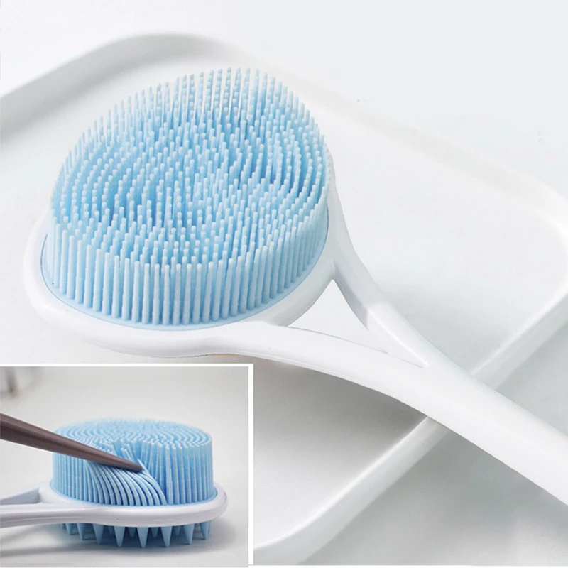 Silicone Double Side Brush Head Back Scrubber Shower Brush With Long Handle Dry Skin Exfoliating Body Massage Cleaning Tool