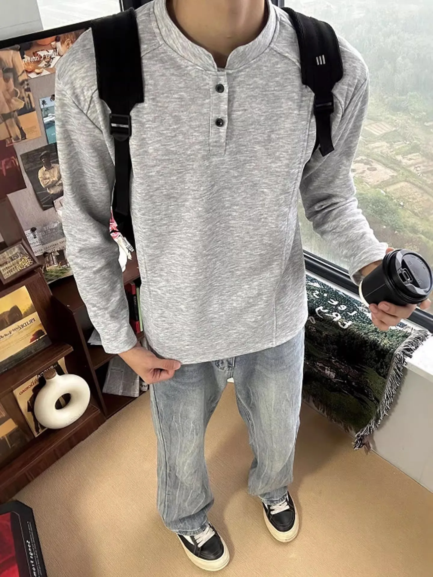 

Cleanfit American Sle Henry Collar Long Sve Sweatirt Men's Autumn Winter Faion Structure Splicing Loose Fit T-irt