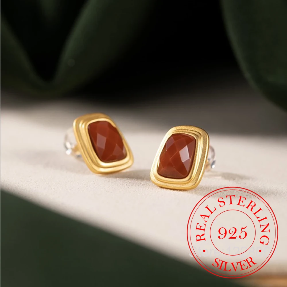 925-スターリングシルバージュエリー-18k-ゴールドメッキ天然瑪瑙幾何学模様のスタッドピアス女性のためのウェディングパーティージュエリー友人へのギフト