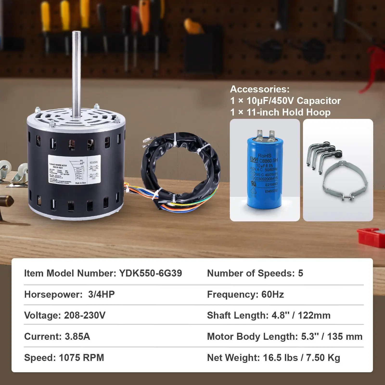 3/4HP Furnace Blower Motor, 208/230V 3.85Amps, 1075RPM 5 Speeds, CW/CCW Rotation, 48 Frame 4.8