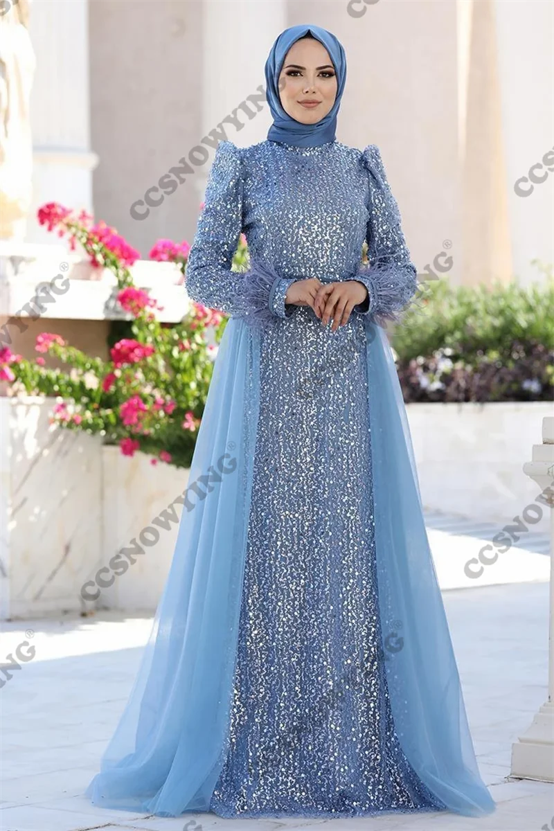 Sparkly Sequin Feather Muslim Hijab Evening Dress Islamic Long Sleeve Formal Party Gowns Arabic Dubai Women Robes De Soirée