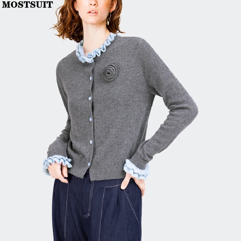 

Grey Ruffles Knit Sweater Cardigan Women Long Sleeve O-neck Knitwear Tops Stylish Chic Fashion Loose Ladies Jumpers 2025