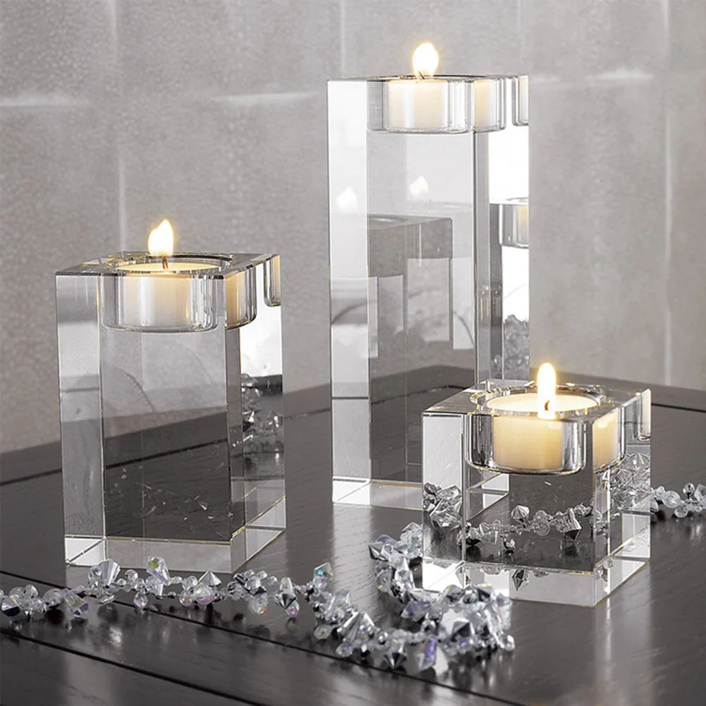 4-20CM Fashion Luxury Candle Holders Solid Crystal Clear Square Glass Tealight Candlestick for Wedding Home Decor Hotel Supplies