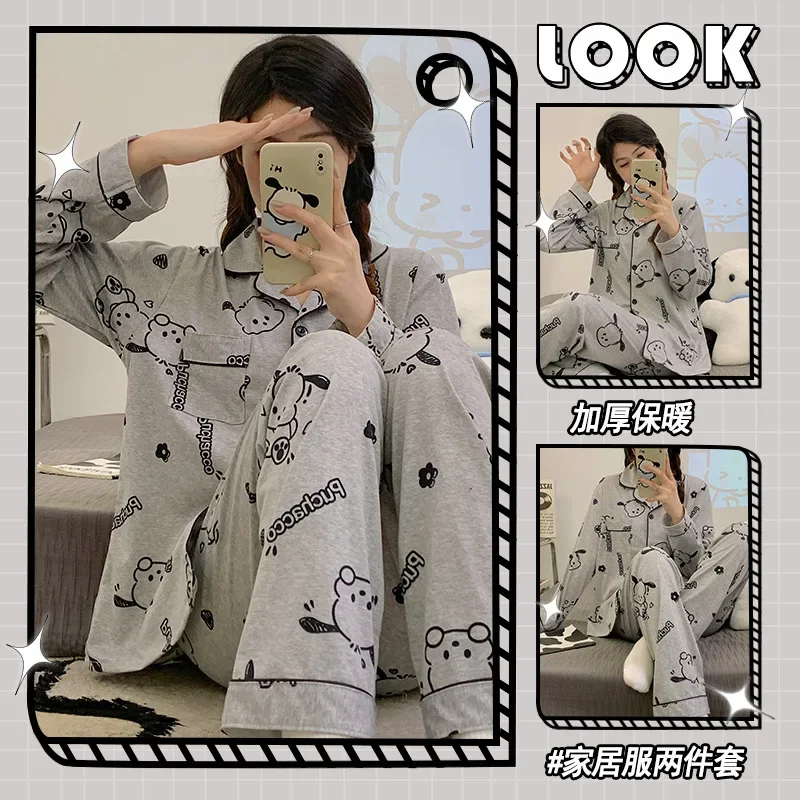 

Sanrio Pacha dog autumn new women's pajamas long-sleeved trousers cardigan cartoon cute and comfortable loungewear set