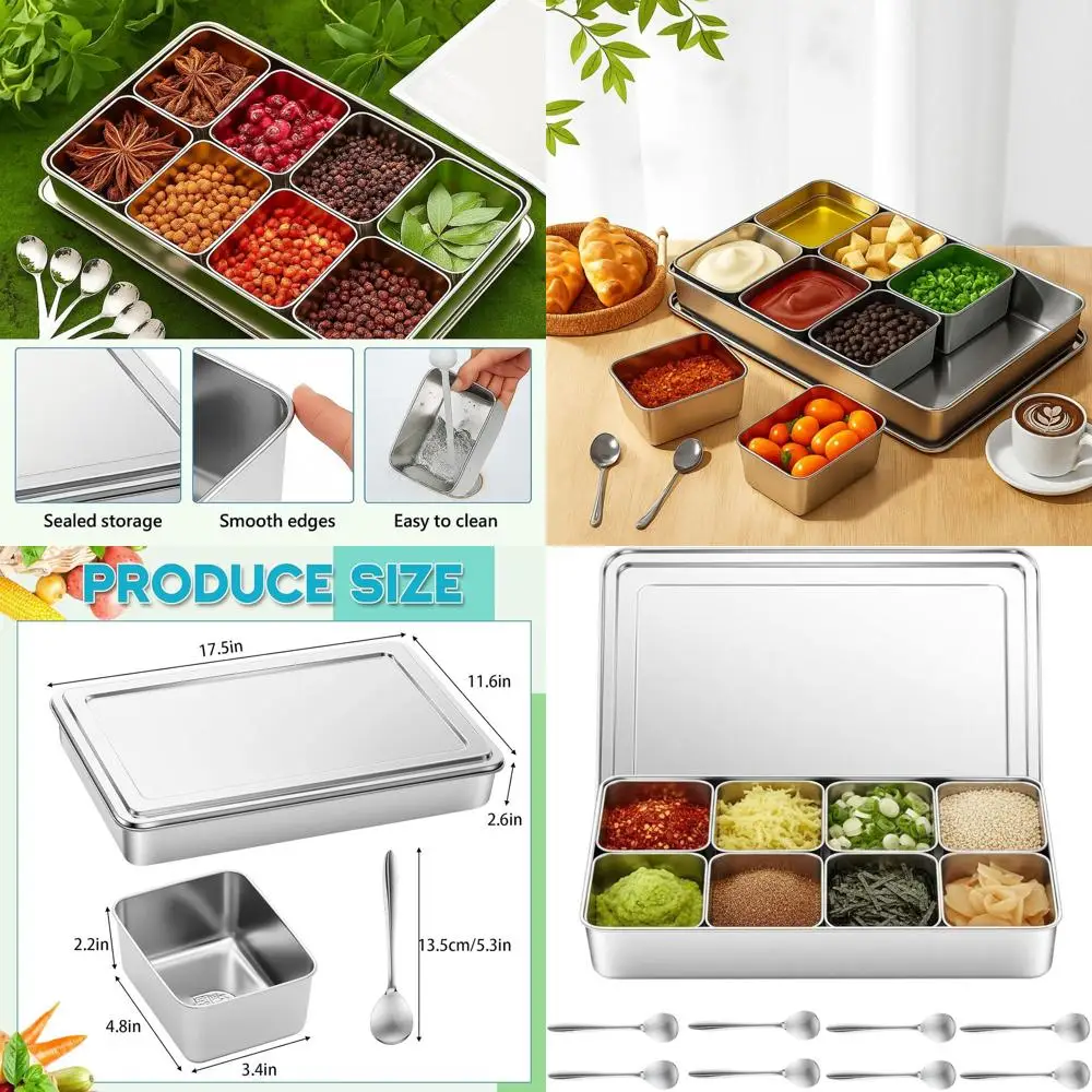 

Japanese Yakumi Pans 8-Compartment Stainless Steel Seasoning Containers with Lids and Spoons for Mini Sauces, Salad Dressings, a