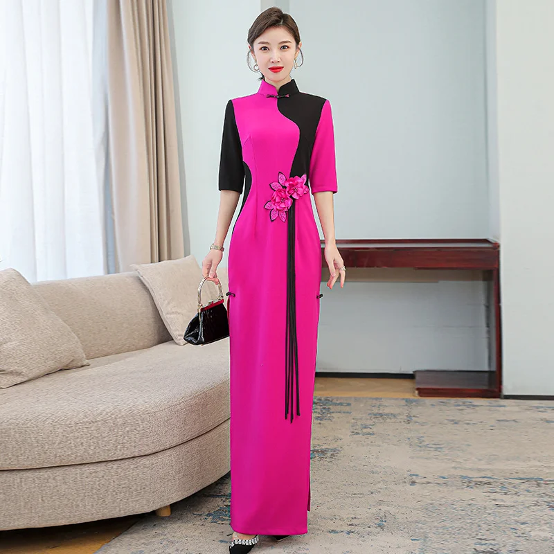 

Rose Red Elegant Slim Long Qipao Women Ethnic Style Traditional Vintage Cheongsam Chinese Dress Patchwork Banquet Stage Costume