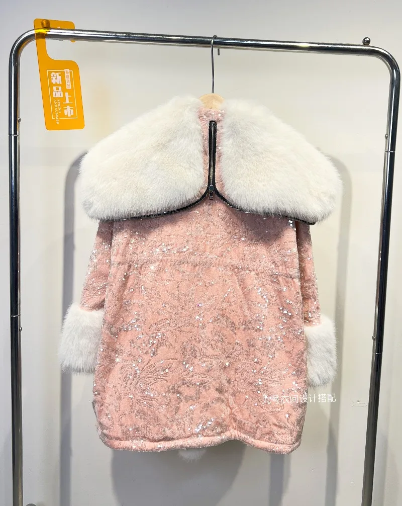 Elegant Chic Luxury Heavy Embroidery Sequin Eco-Friendly European Mink Furry Coat New Winter Double-breasted Faux Fur Jacket