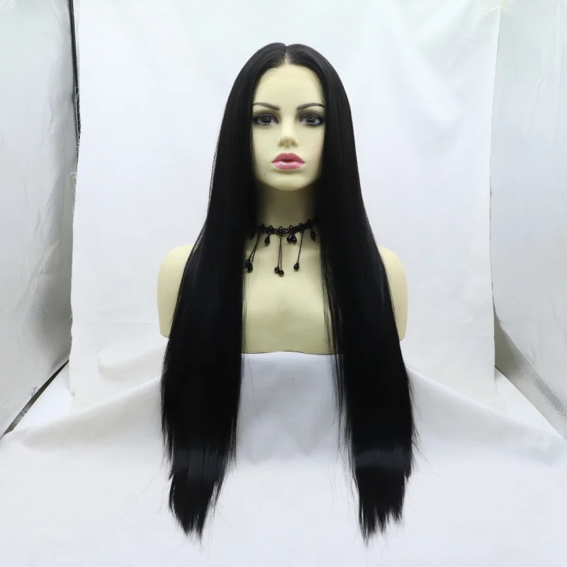 Hand-crocheted front lace 13*6 Japanese silk European and American style women's black middle-parted long straight synthetic fib