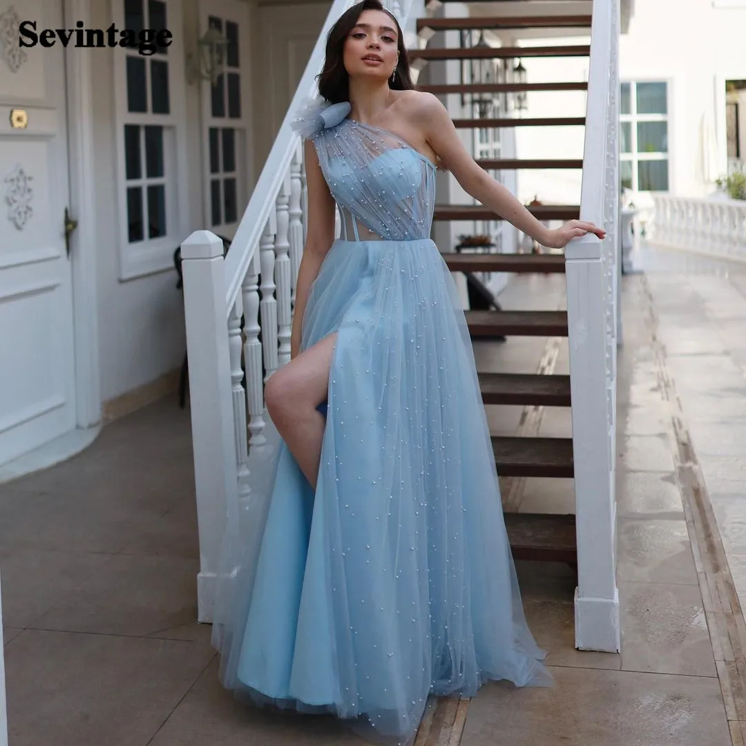 

Vintage Beaded One Shoulder Evening Dresses Transparent Sky Blue Tulle Slit Front Beach Prom Gowns Women Formal Party Dress 2023