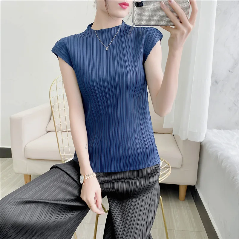 Miyake  Ruffled Top Women Wrap Sleeve Vest Summer T-Shirt Comfortable Casual Slim and Skinny