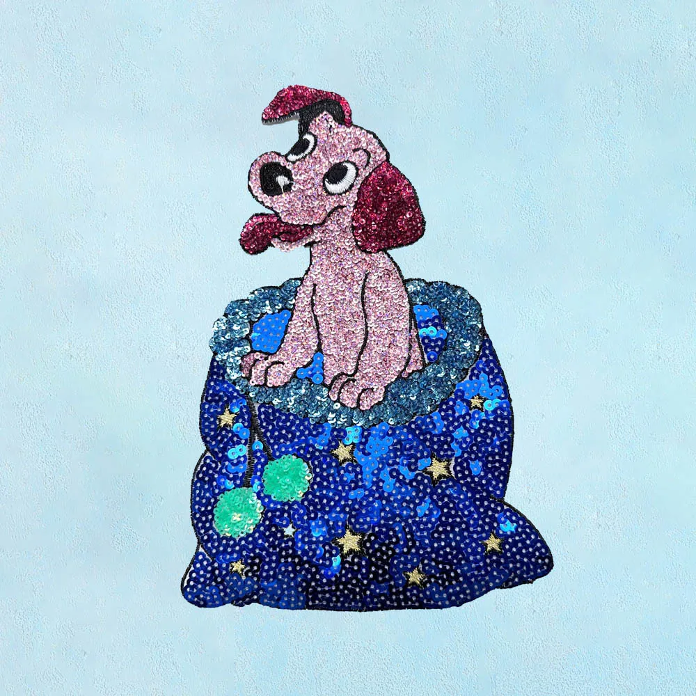 

1 Piece 16*24cm Elaborate Sequined Dog Design Patch Fashion Pink-blue Shining Iron On Patch for Clothing Decoration DIY Applique