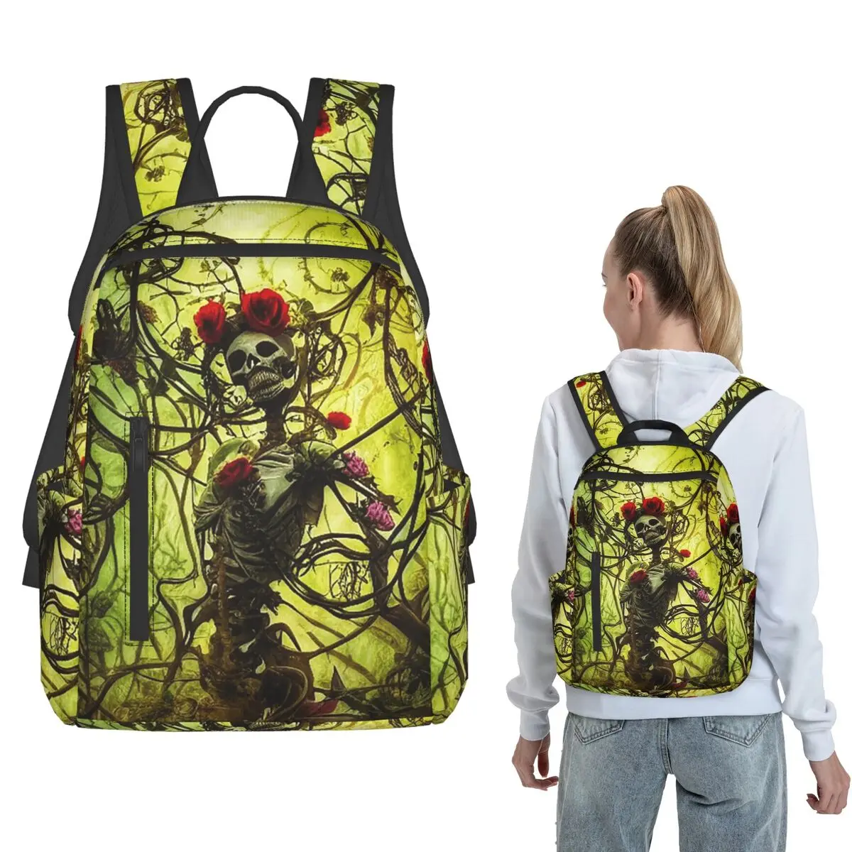 

Vines Wrapped Around Skeleton Backpack Large Capacity Children BookBag School Bag Shoulder Bags for Men Women