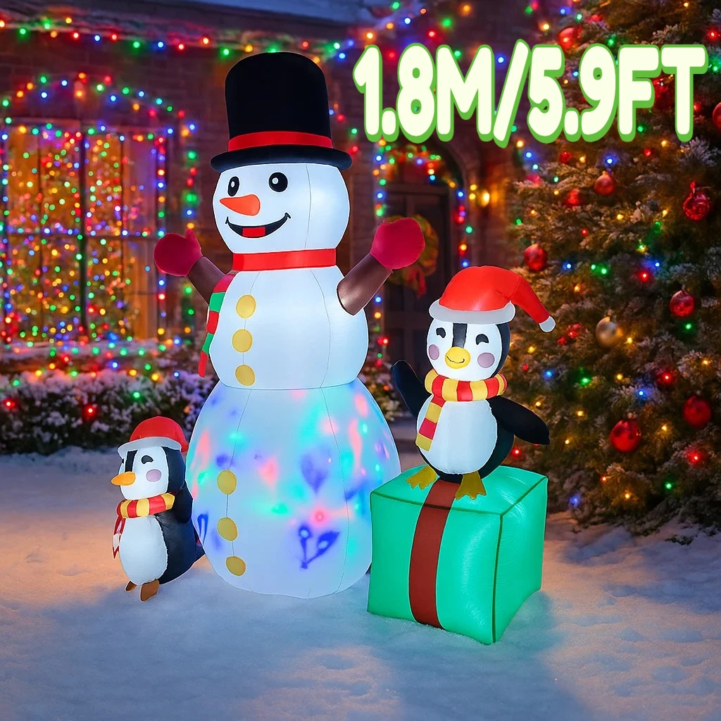 1.8M/5.9FT Inflatable Christmas Snowman Penguin Gift Box Lights LED Home Holiday Lighting Decoration Yard Xmas Ornament Supplies