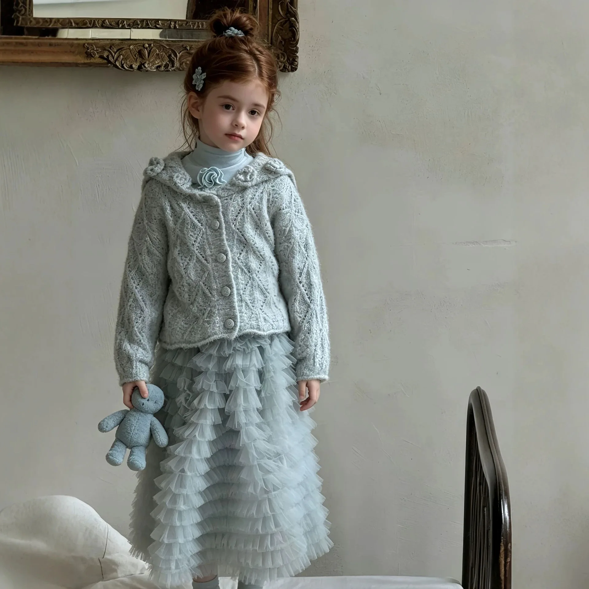 Girls' Sweater Korean Spring Autumn Children's Three-dimensional Flower Sweater Cardigan Mesh Cake Skirt Knitted Base Sweater