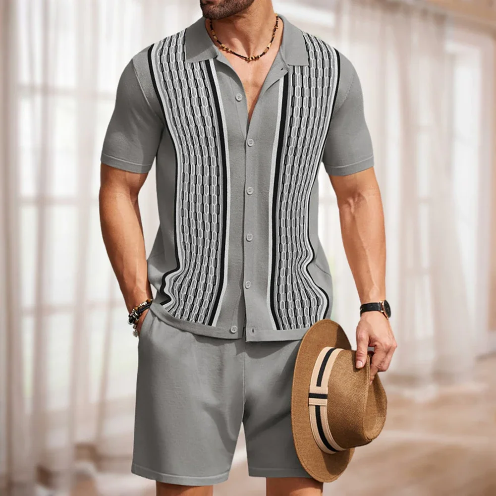 Conjunto curto leve e elástico masculino, lapela impressa vintage, casual masculino confortável, férias diárias, férias de verão