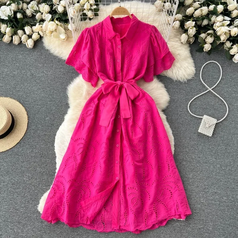 

Summer Lace Embroidery Dress Women Casual Lace Up Dresses Female Vintage Party Beach Maxi Long Dresses Y2k فساتين طويلة Платье