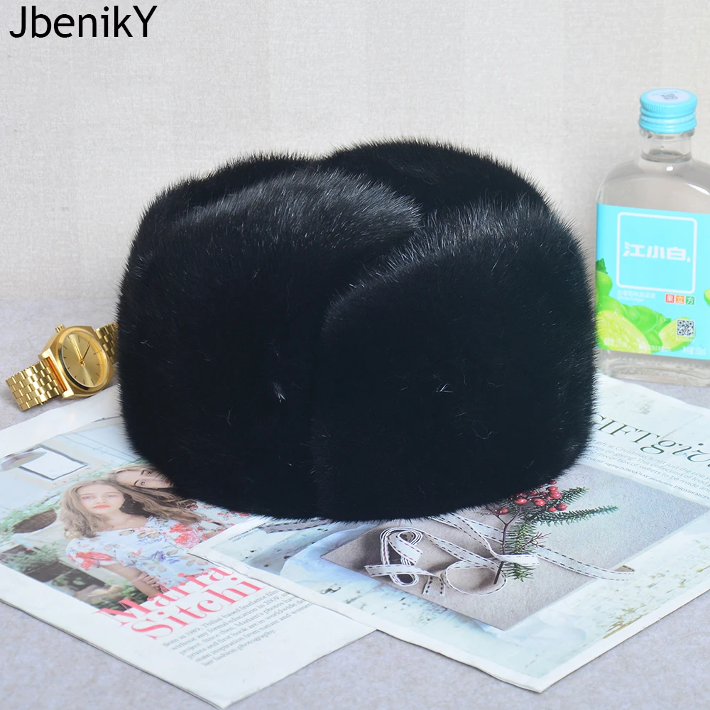 Winter Thickened Genuine Mink Fur Bomber Hat For Man Black/Brown Tag Elderly Ear Warm Chapeau Motorcycle Russian Style Mink Caps