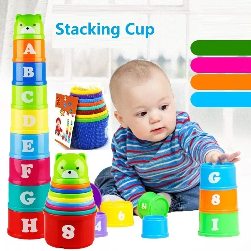 9PCS/Set Baby Intelligence Early Education Alphanumeric Rainbow Bear Folding Tower Building Block Stacking Cup Toy Children Gift