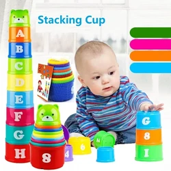 9PCS/Set Baby Intelligence Early Education Alphanumeric Rainbow Bear Folding Tower Building Block Stacking Cup Toy Children Gift