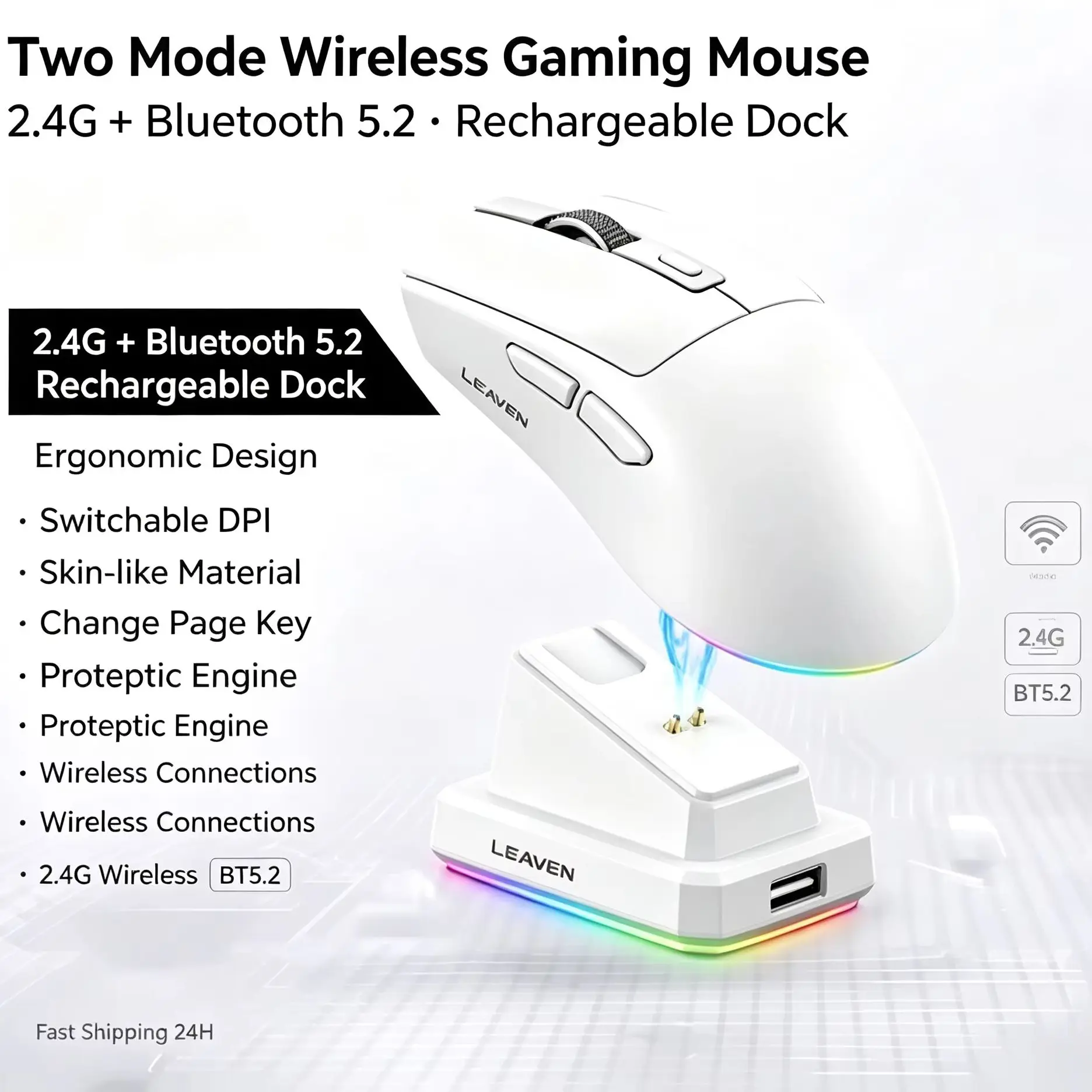 Wireless 2.4G Bluetooth Dual-Mode RGB Gaming Mouse Backlit DPI Adjustable Rechargeable Mouse With Charging Dock For PC Computer