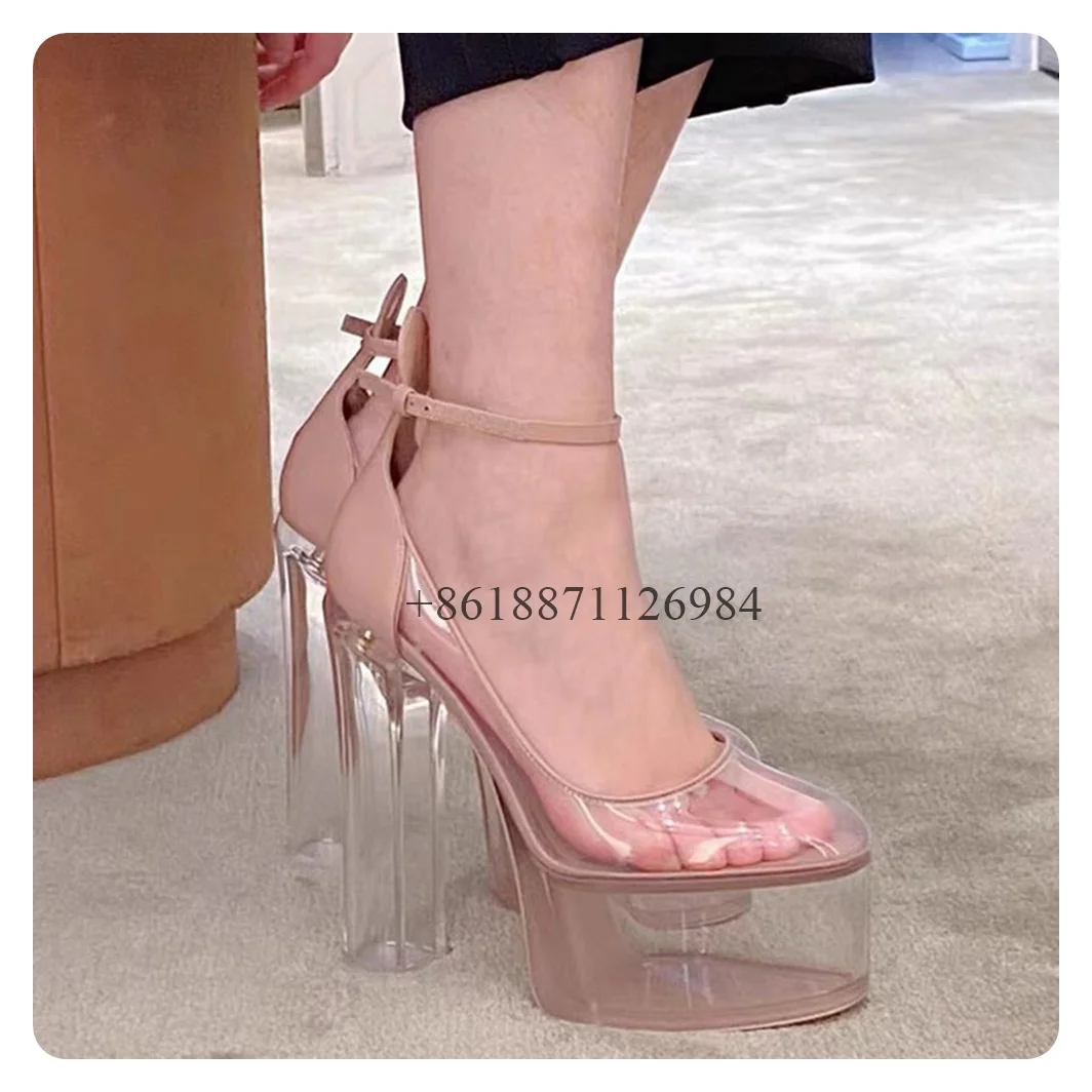 Crystal Transparent Ankle Strap Round Toe Platform Women Sandals Chunky Super High Heels Buckle Strap Design Large Size Shoes