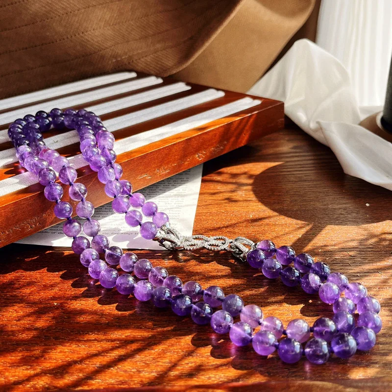 Multiple wearing options 8mm high-quality amethyst double-layer chain a simple round bead jewelry piece perfect as a gift