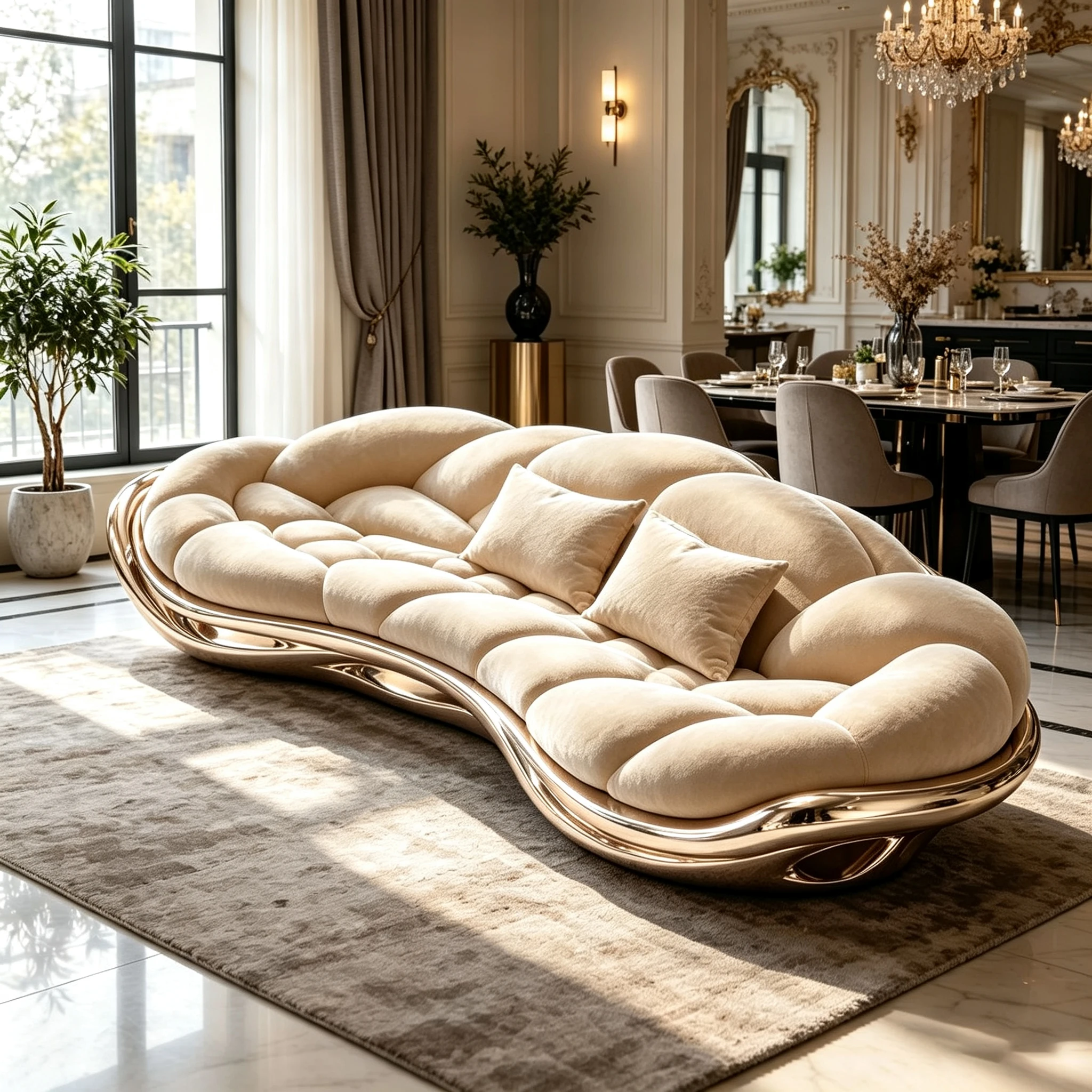Z*-Modern Curved Lounge Sofa Beige Plush Upholstery Gold Base for High-end Home Living Space^