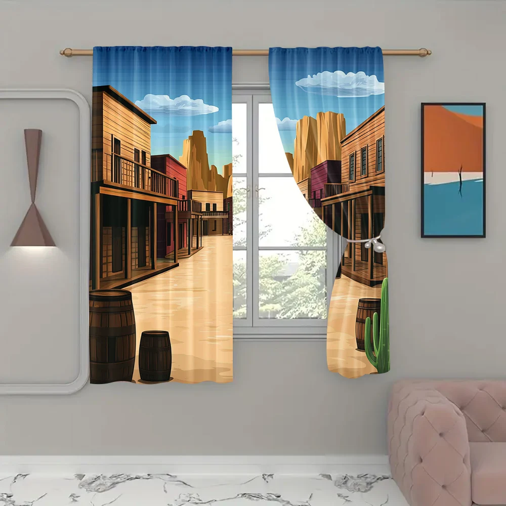 2Pcs Western Curtains Cartoon Old Western Town Shops Store Street Old Style Print Living Room Bedroom Window Drapes_ai5