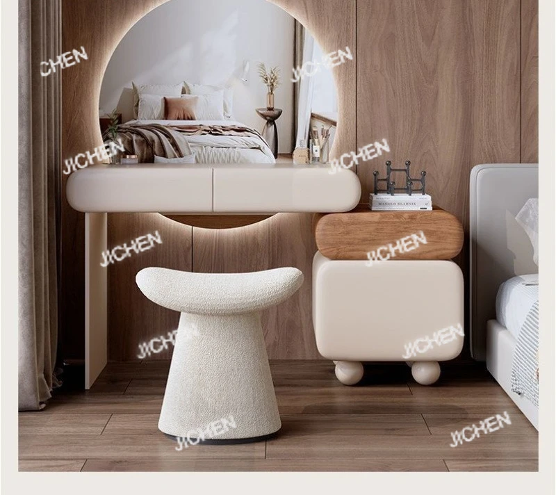 

New Light Luxury Cream Style Dresser Large Round Mirror Internet Celebrity Bedroom Small Apartment Modern Simple Makeup