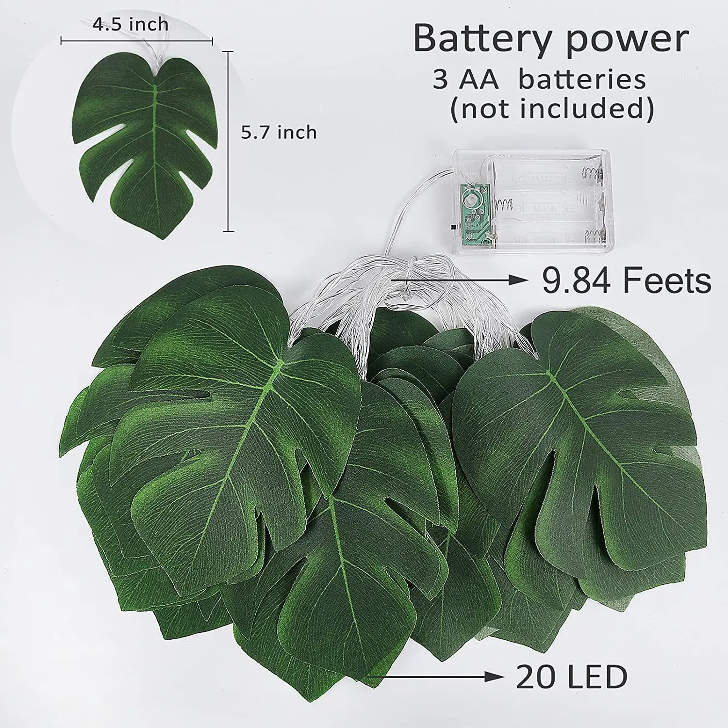 Monstera-Blatt-Lichterkette, tropische künstliche Rattan-Palme, grüne Blätter, Wandbehang, Weingrün, Party-Sommerdekoration – Detail 2