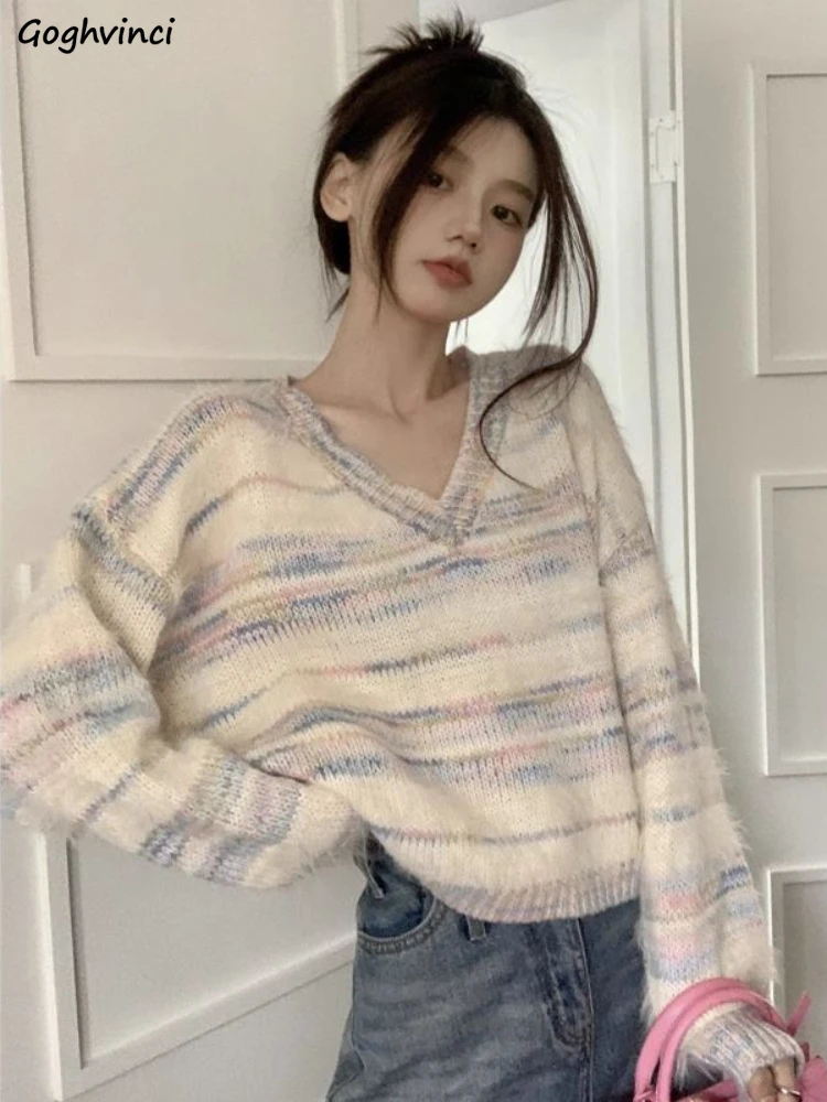 

Knitwear Pullovers for Women Kawaii Striped Sweaters Tender Girlish Cropped All-match Chic Japan Style Autumn College Loose Soft