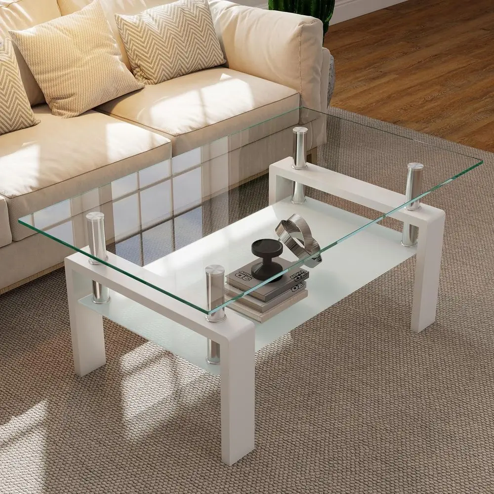 Rectangular Tempered Glass Coffee Table with Metal Frame, 2-Tier Storage for Living Room and Small Spaces