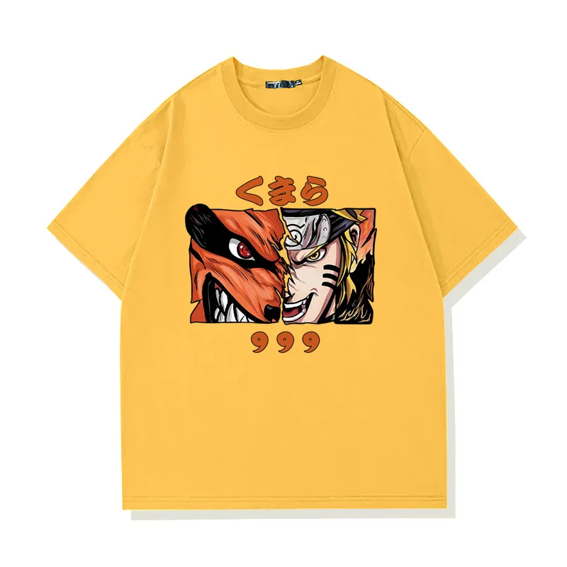Naruto Uzumaki Kurama Split Face Anime T-Shirt für Männer und Frauen, 9 Tails Kyuubi Graphic Casual Oversized Streetwear Schwarzes T-Shirt – Detail 4