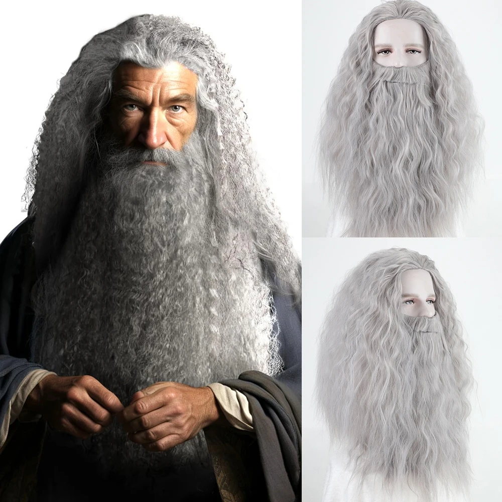 Long Gray Wizard Wig and Beard Set Long Gray&Brown Cosplay Halloween&Christmas Costume Party Wizard Synthetic Wig