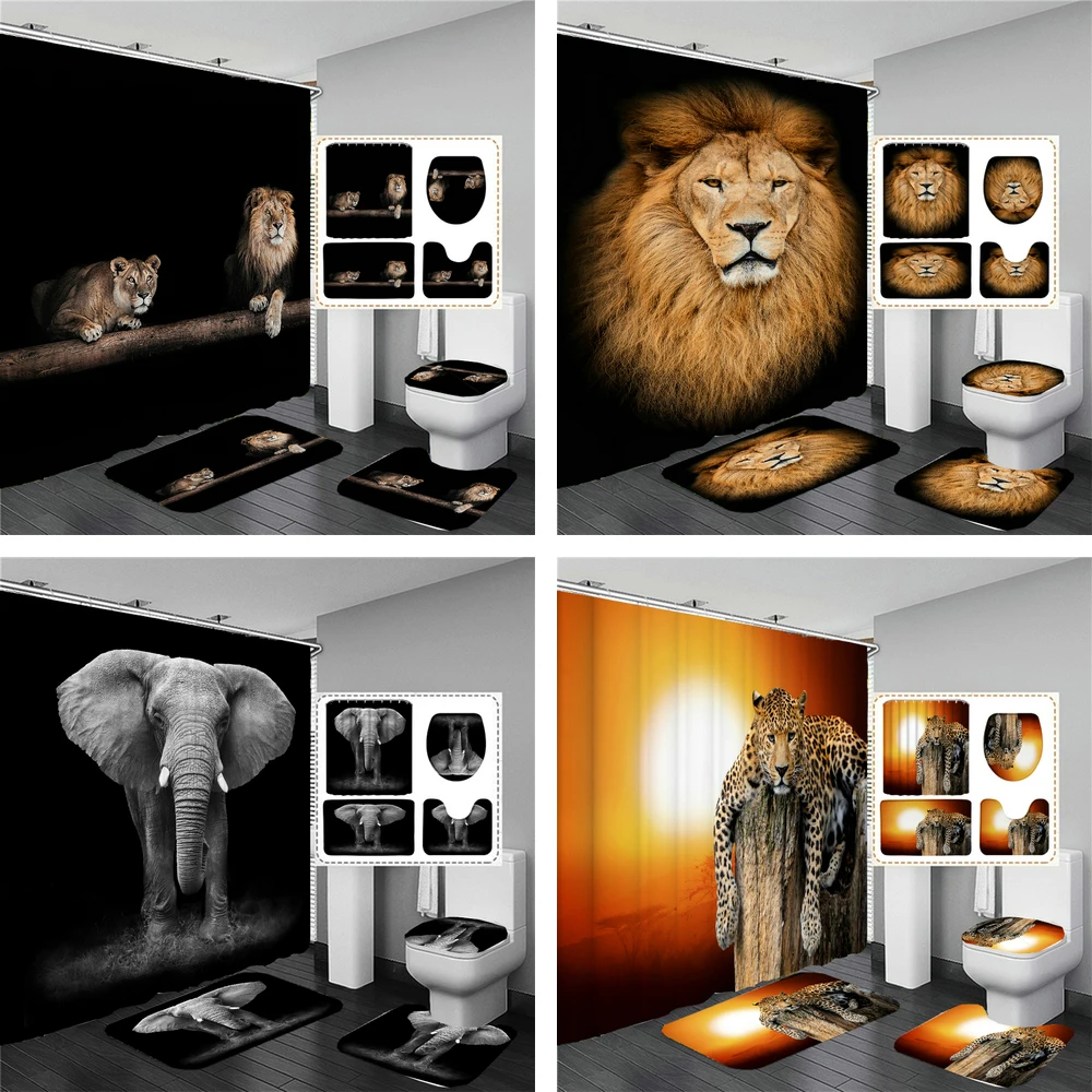 Animal Print Black Shower Curtains Lion Tiger 3D Bathroom Curtain Set Anti-slip Bath Mat Soft Toilet Lid Cover Home Rugs Carpets