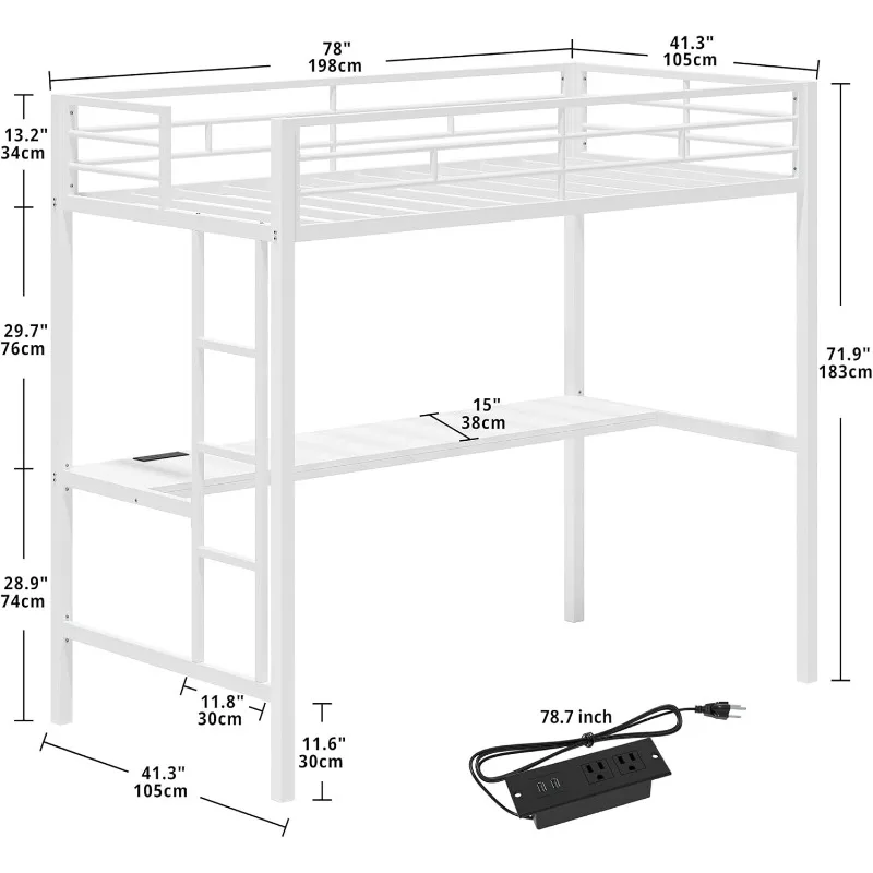Кровать-чердак, двойной размер с письменным столом, металлический каркас кровати-чердака с розеткой и светодиодной подсветкой, компактный, без шума, белый