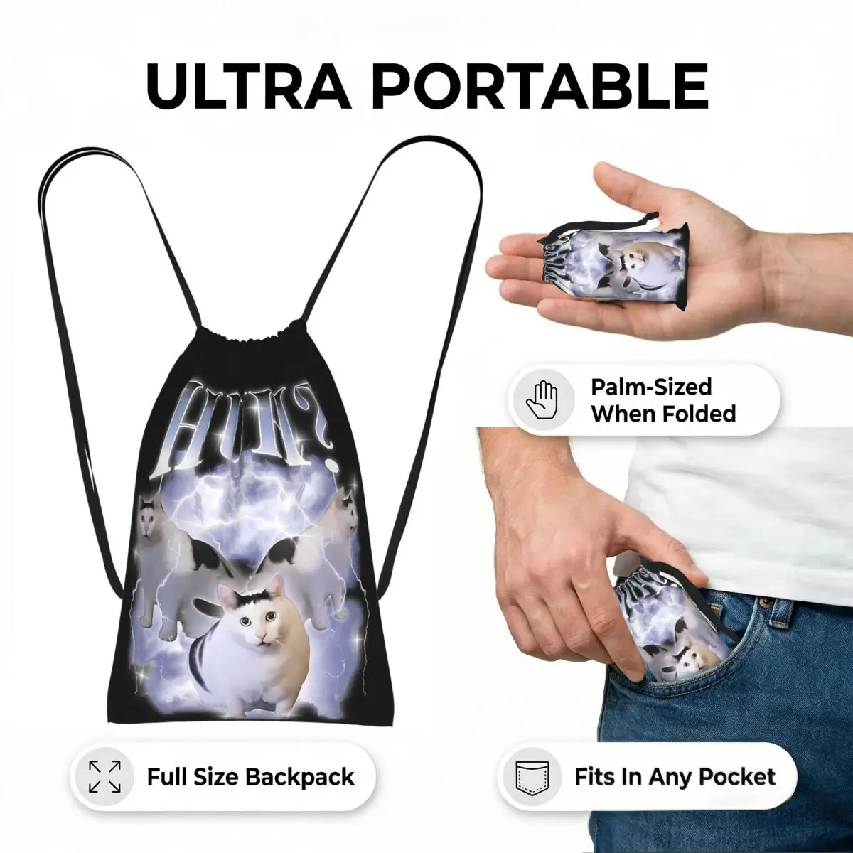 Huh Cat Chonky Ben Meme Bootleg Rap 90S Vintage Graphic Drawstring Backpack hiking cycling Bag Foldable Storage Drawstring Bag