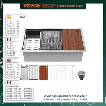 VEVOR 25-32inch Stainless Steel Kitchen Sink Undermount Single Bowl Workstation Step Sink with Cutting Board and Basket Strainer