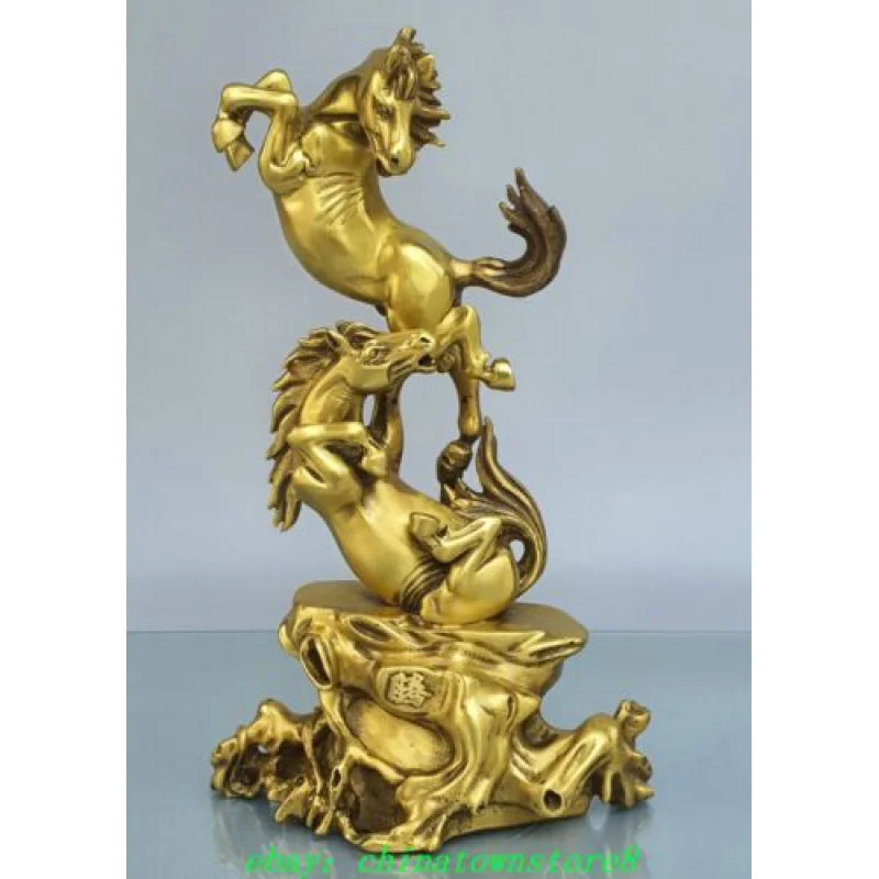 

9.8" Chinese Pure Bronze Fengshui Zodiac Double Horse Success Animal Statue