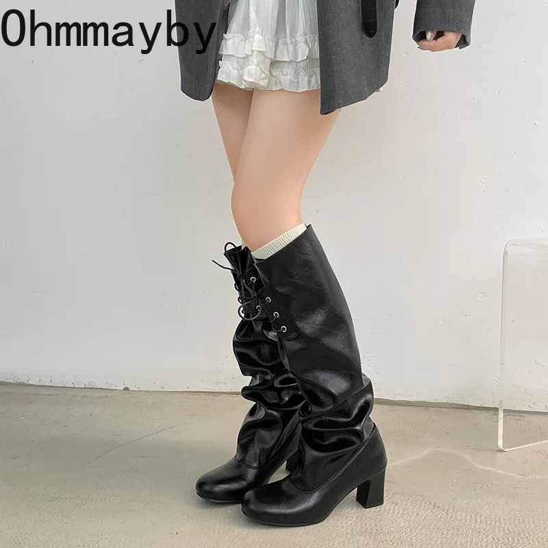 Vintage Women Slouch Knee High Tall Boots Front Lace Up Round Toe Chunky Heel PU Leather Pleated Long Boots Winter Footwear