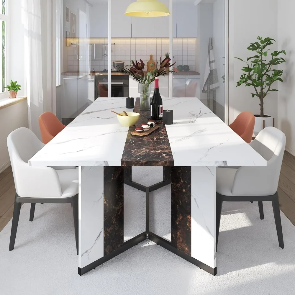 71In Large Rectangular White Dining Table for 4 5 6 7 People w/35in Marble-Color Wood Watrproof Tabletop,Adjustable Leg.