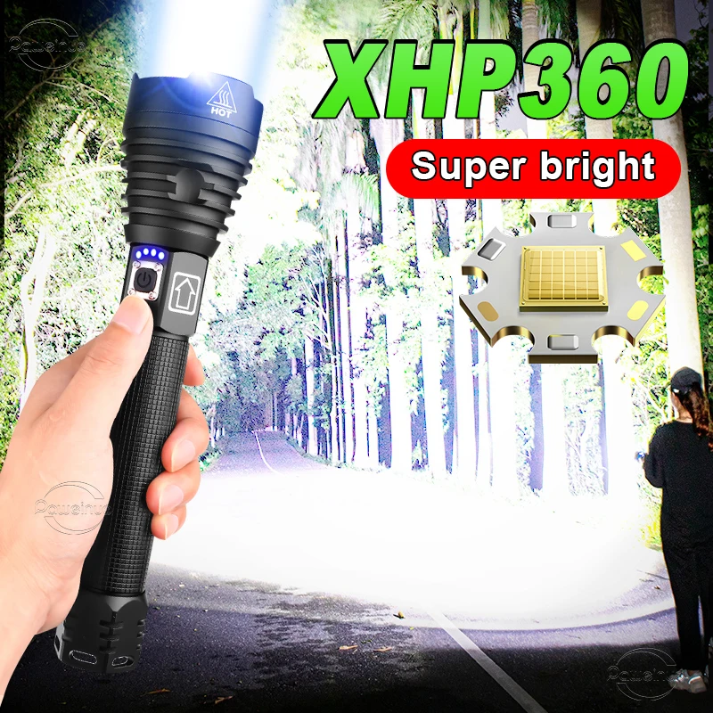 Powerful XHP360 Flashlight 18650 High Power Led Tactical Flashlight Torch 9000 Lumen Telescopic Camping Lantern Hand Lamp Light