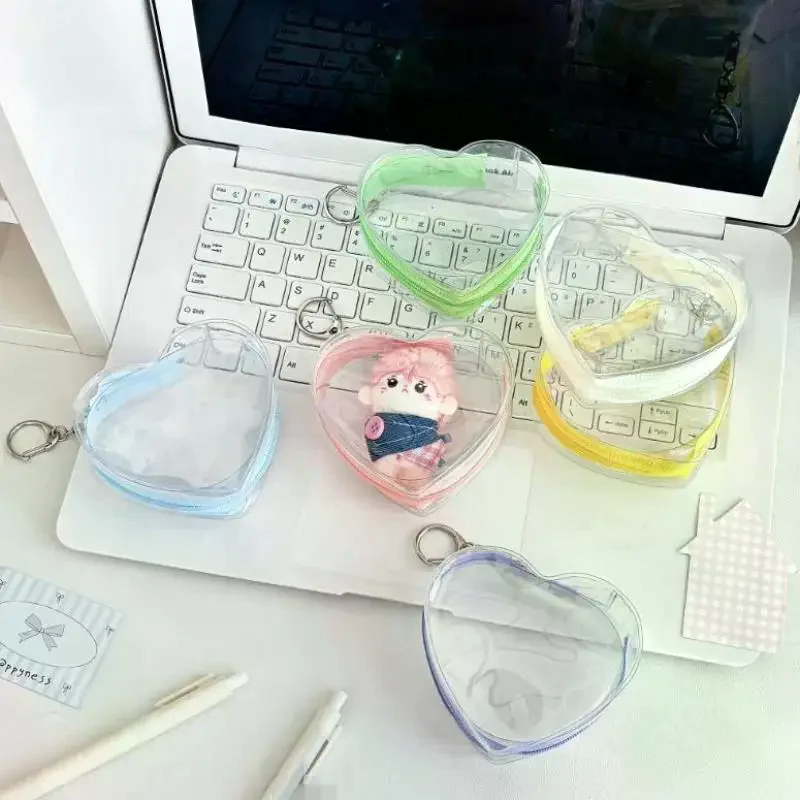 Портативная красочная прозрачная сумка для хранения из ПВХ с сердечком на молнии, защитный чехол для плюшевых кукол Kaychain, чехол для наушников, проволока для передачи данных, чехол для монет